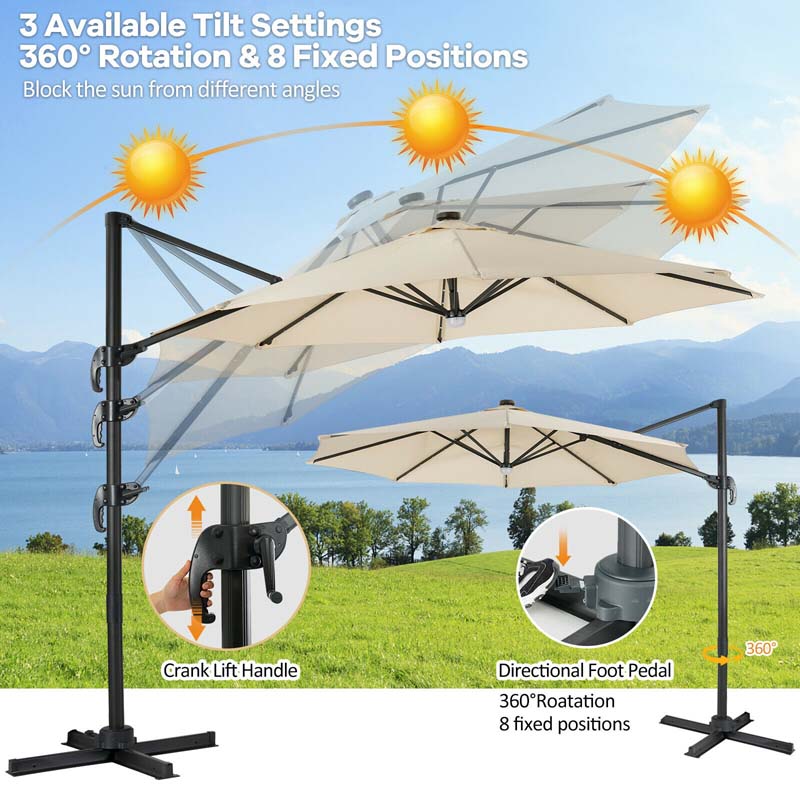 10 FT Cantilever Offset Patio Umbrella 28 Solar LED Lighted Market Umbrella with 3-Tilt Position, Crossed Base