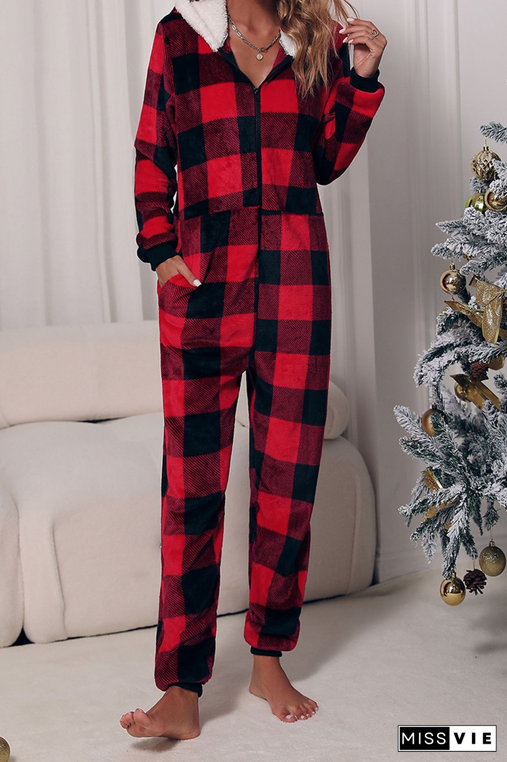 Red Buffalo Plaid Hooded Flannel Jumpsuit