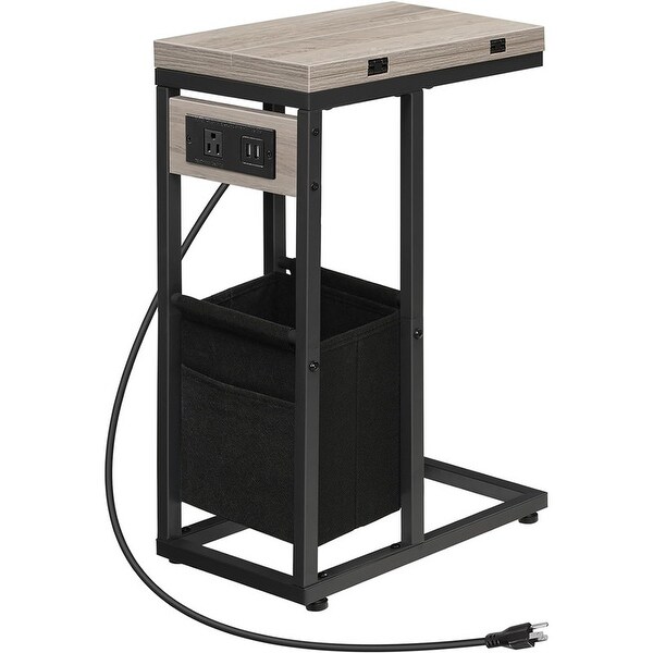 C Shaped Side Table with Charging Station，End Table，Greige and Black