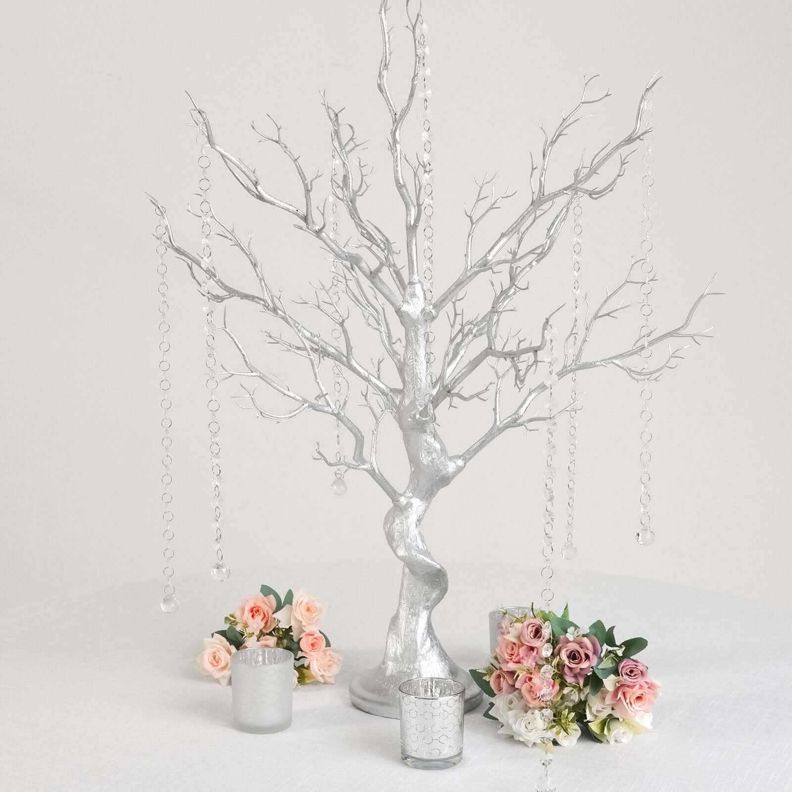 Metallic Silver Manzanita Centerpiece Tree + 8 Acrylic Bead Chains 34