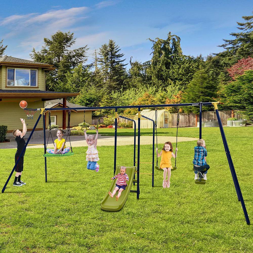 Gymax 660 lbs. Kids Metal Swing Set for Backyard 7-in-1 Multi-Functional Swing Set GYM10812