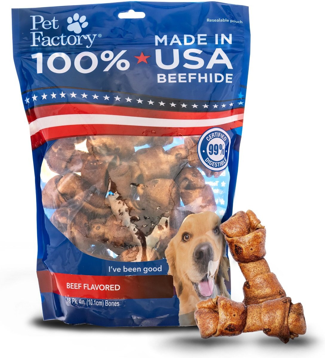 Pet Factory Beefhide 4-inch Beef Flavored Dog Bones， 18 count