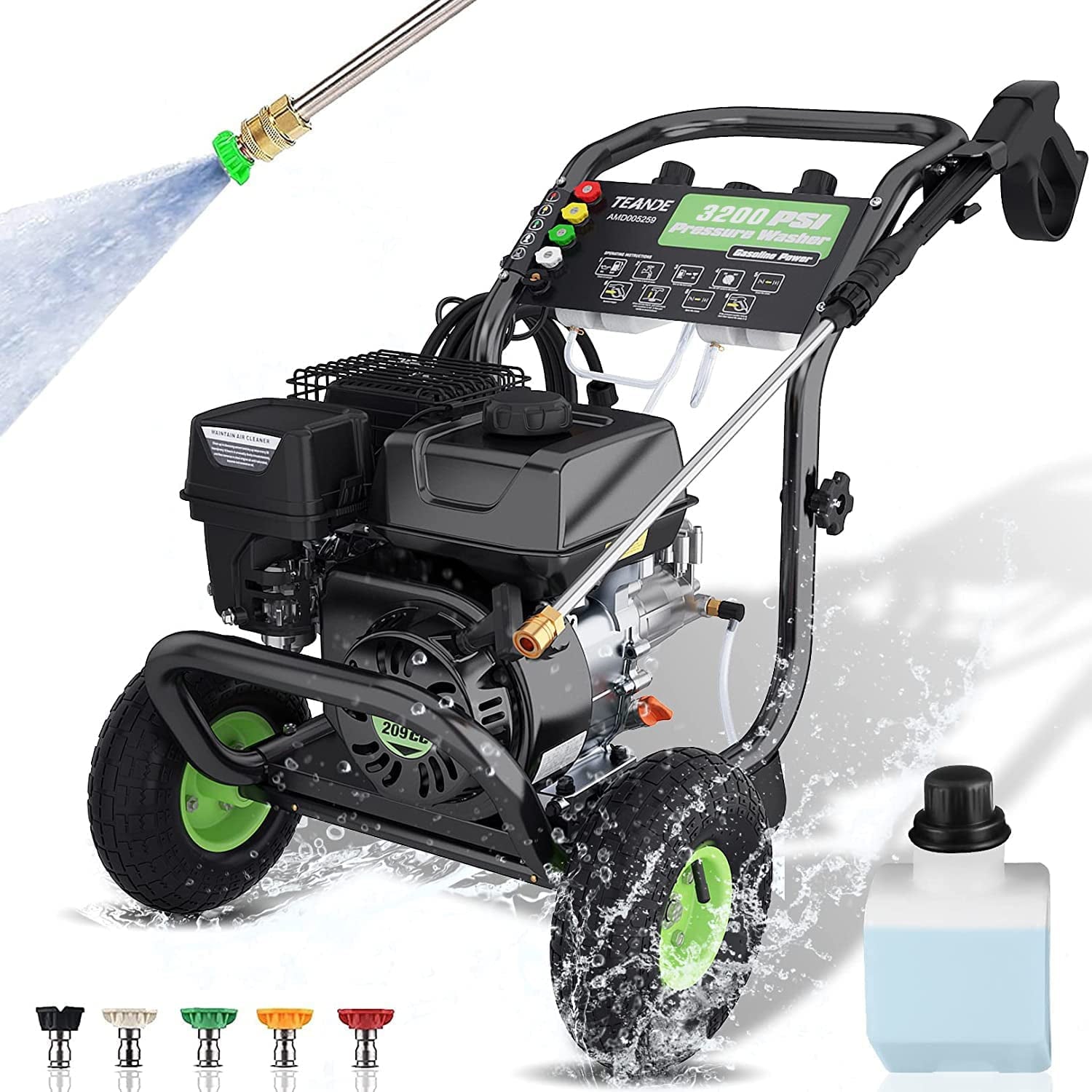 Gas Pressure Washer, 2.6GPM Commercial Power Washer Gas Powered, 209cc 7.0 HP Engine, Includes 2* 0.7 Soap Tank,5 QC Nozzles, 20’ Hose