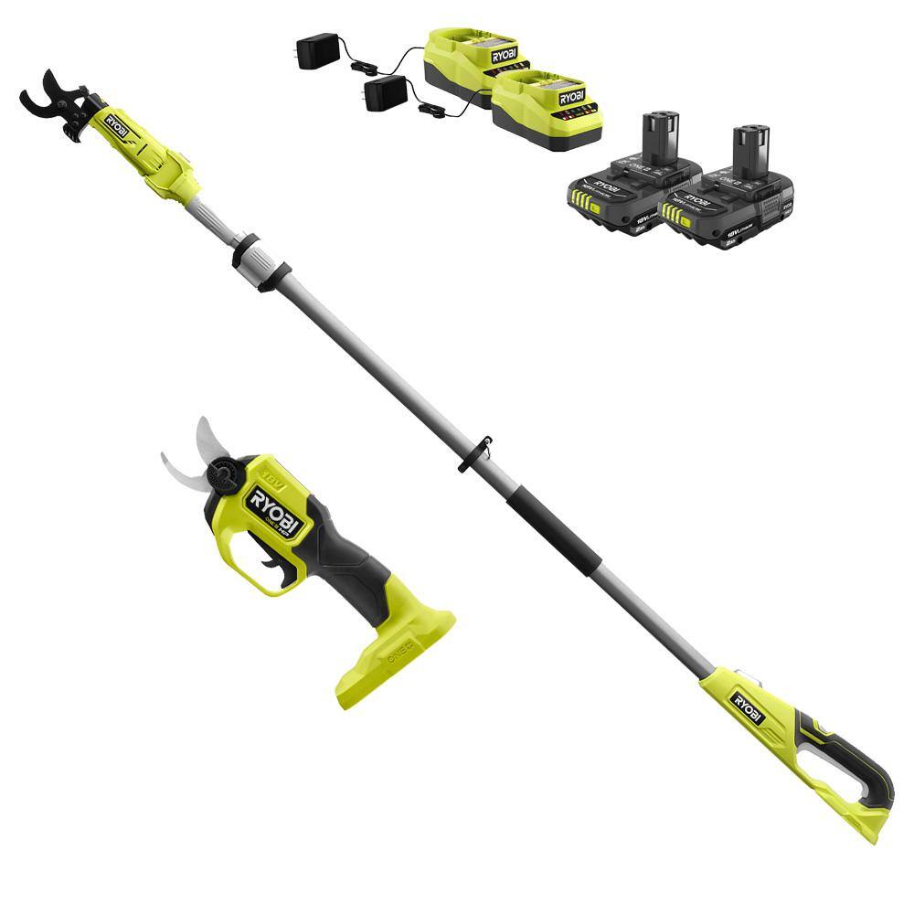 RYOBI ONE+ HP 18V Brushless Cordless Pruner and Cordless Pole Lopper with (2) 2.0 Ah Batteries and (2) Chargers P2550-P2560