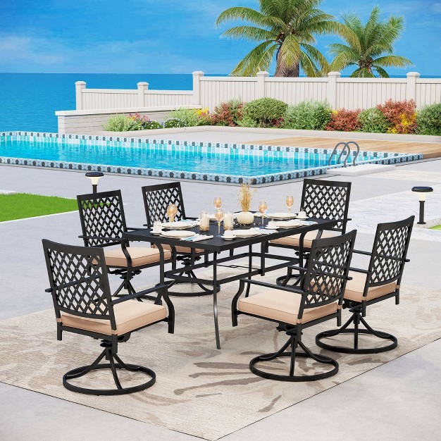 7pc Patio Dining Set Rectangle Table With Umbrella Hole 360 Swivel Cushioned Arm Chairs Weather resistant Steel Frame Captiva Designs