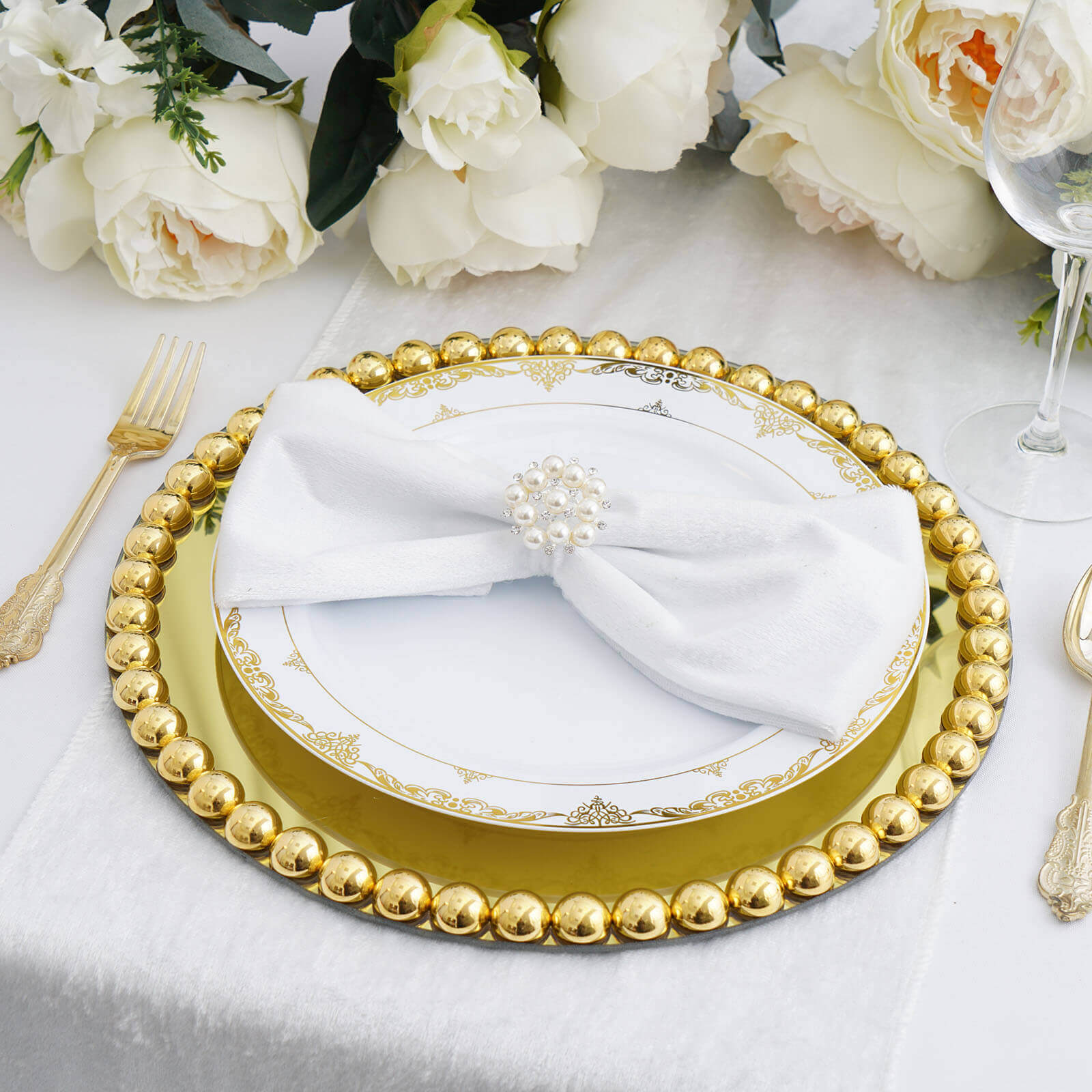 2 Pack Gold  Mirror Glass Charger Plates with Pearl Beaded Rim 13