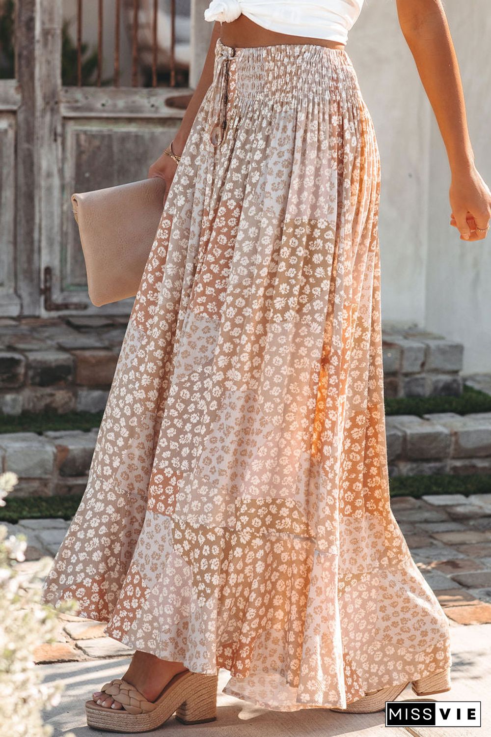 Apricot Boho Flower Print Smocked Waist Button Slit Maxi Skirt