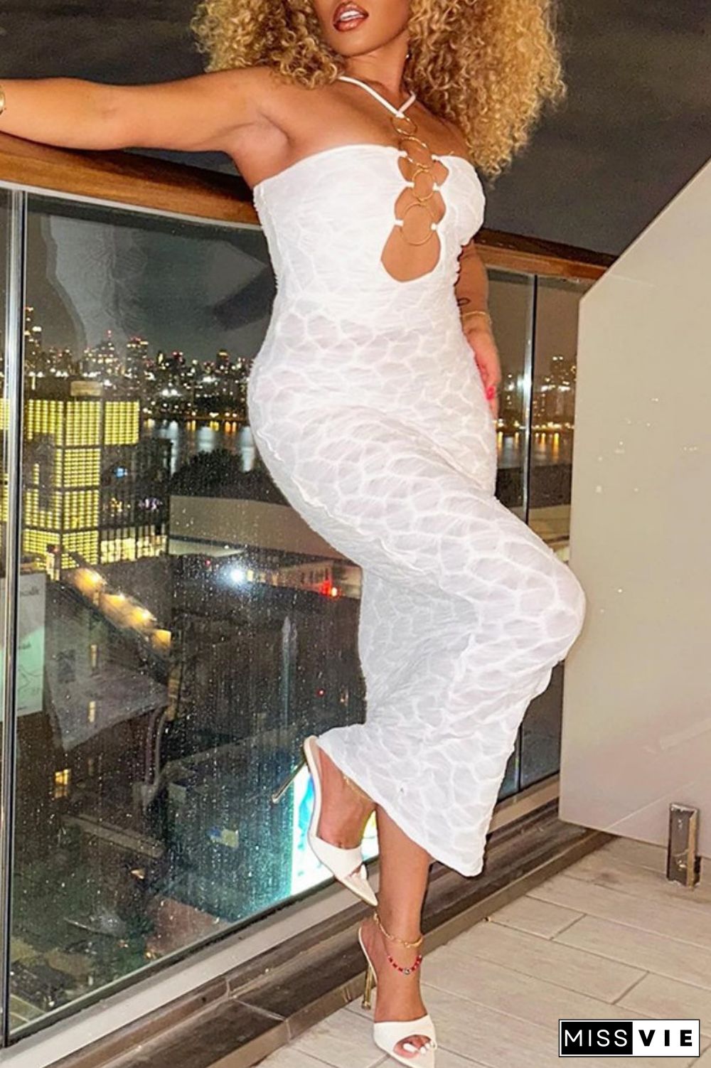 White Sexy Solid Hollowed Out Backless Spaghetti Strap Long Dress Dresses