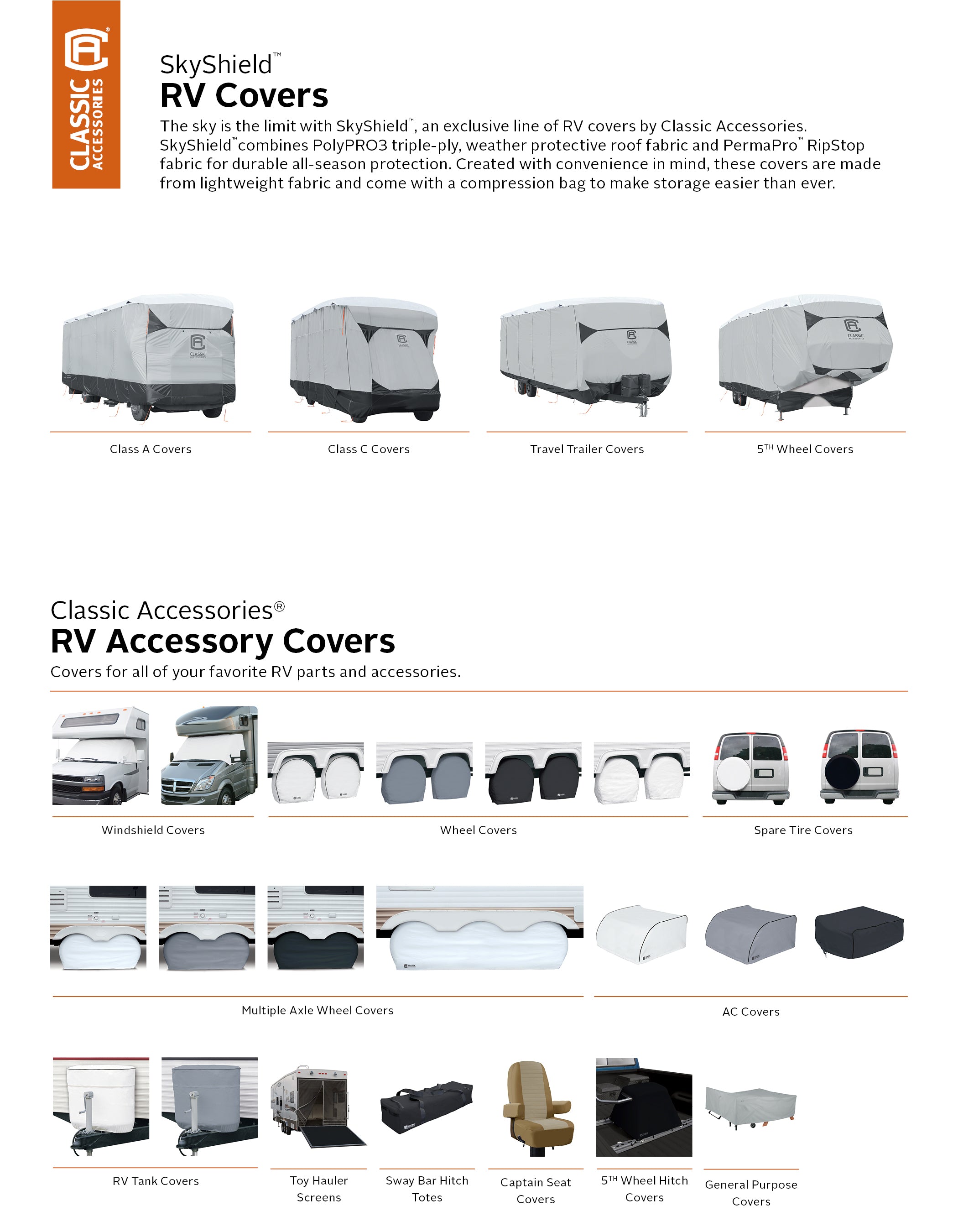 Classic Accessories Over Drive SkyShield Deluxe Water-Repellent Travel Trailer Cover， Fits 15' - 18'L x 114