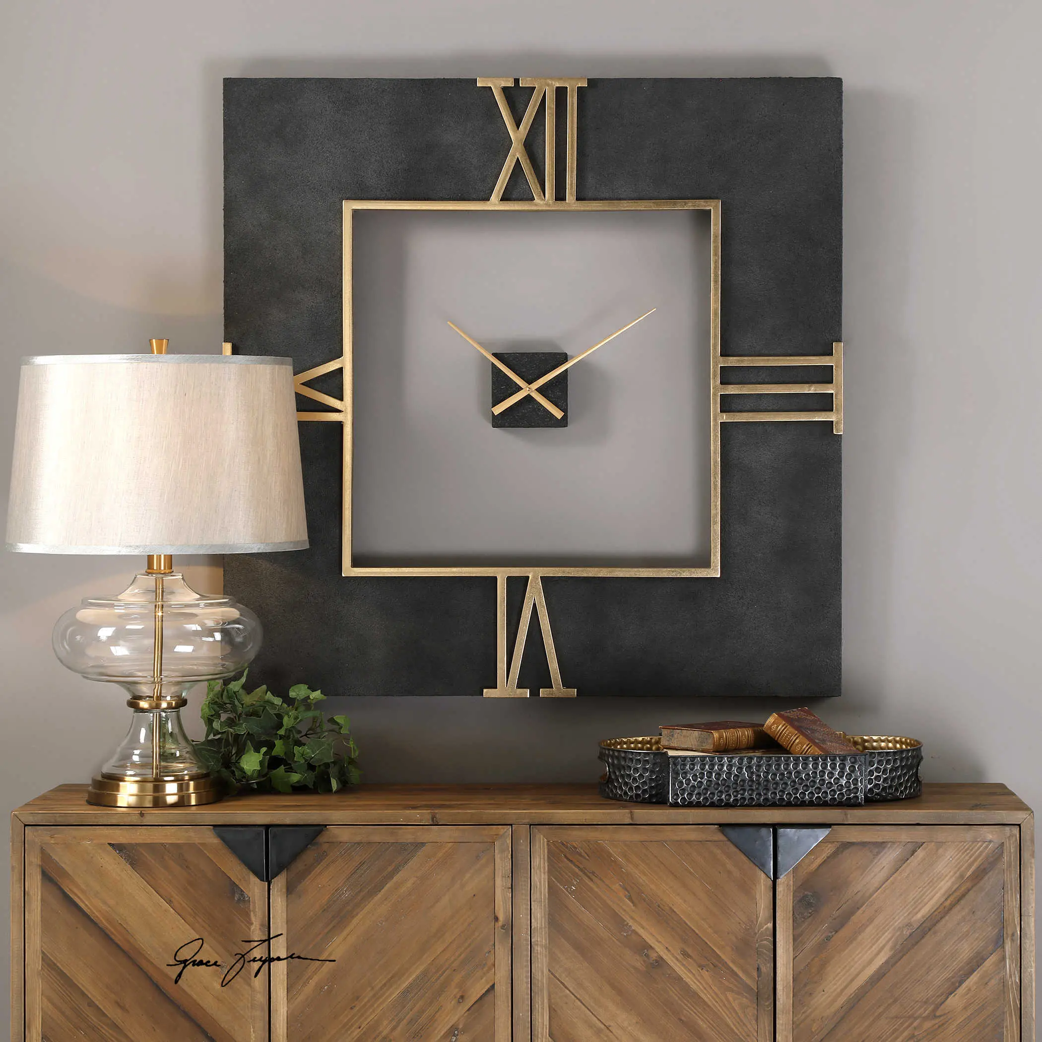 Textured Black Concrete Square Wall Clock with Gold Accents - Mudita