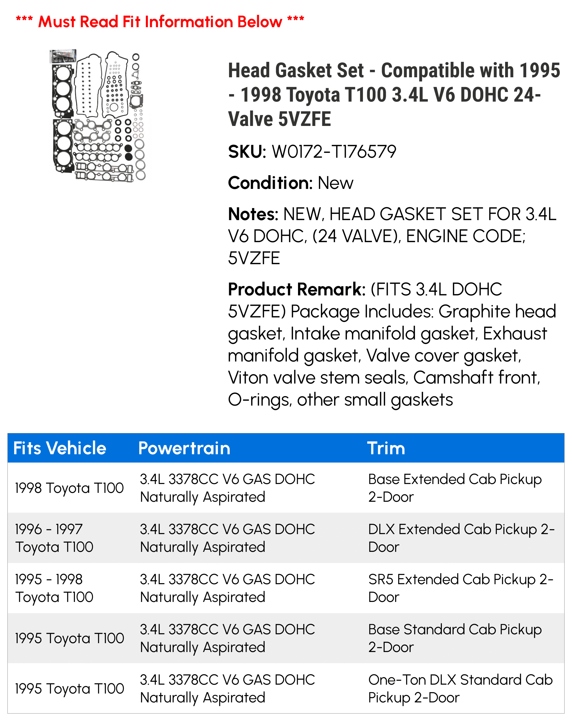 Head Gasket Set - Compatible with 1995 - 1998 Toyota T100 3.4L V6 DOHC 24-Valve 5VZFE 1996 1997