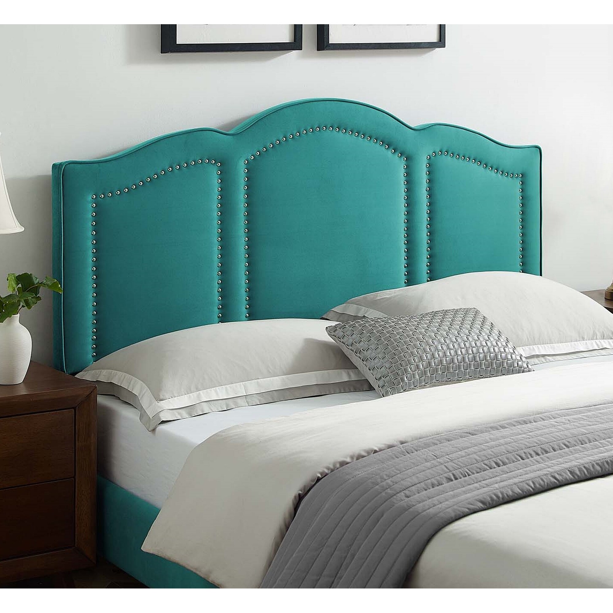 Augusta Green Velvet Upholstered Twin Size Headboard with Nailhead Trim - - 33121402