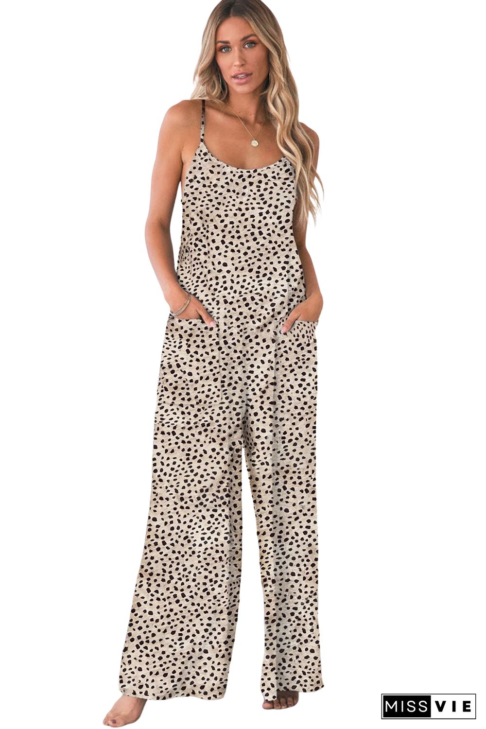 Khaki Leopard Print Wide Leg Spaghetti Straps Jumpsuit