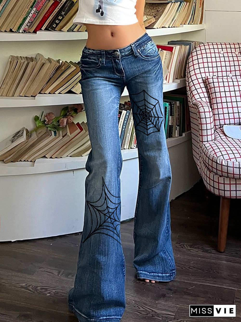 Low Waist Spider Web Print Slight Flared Slim Jeans