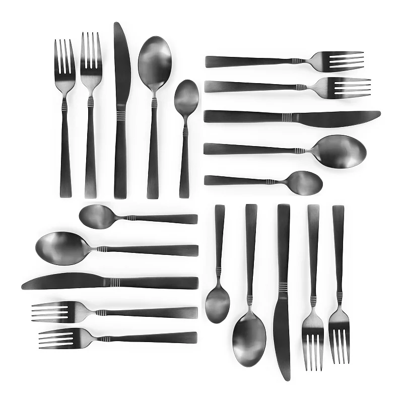 MegaChef Pro Cravat 20 Piece Flatware Utensil Set， Stainless Steel Silverware Metal Service for 4 in Matte Black