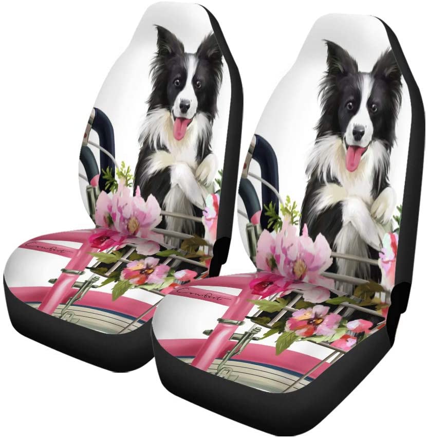 FMSHPON Set of 2 Car Seat Covers Watercolor The Puppy Collie Rides in Basket Bike Pink Universal Auto Front Seats Protector Fits for Car，SUV Sedan，Truck