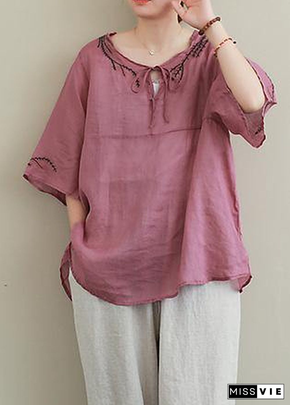 French purple embroidery linen Blouse o neck Midi shirts