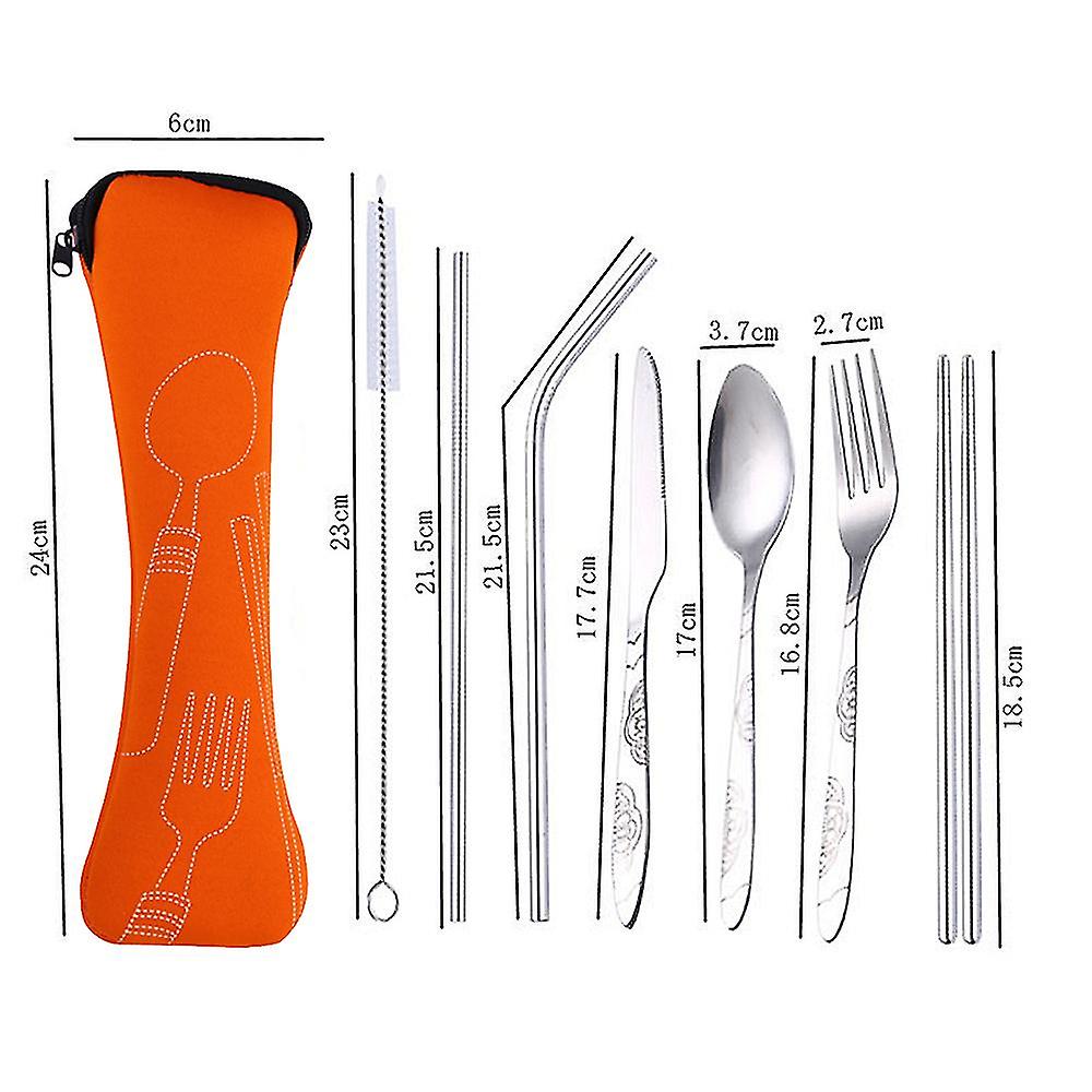 Outdoor Portable Stainless Steel Cutlery Set - Half Flower - Seven-piece Straw Set