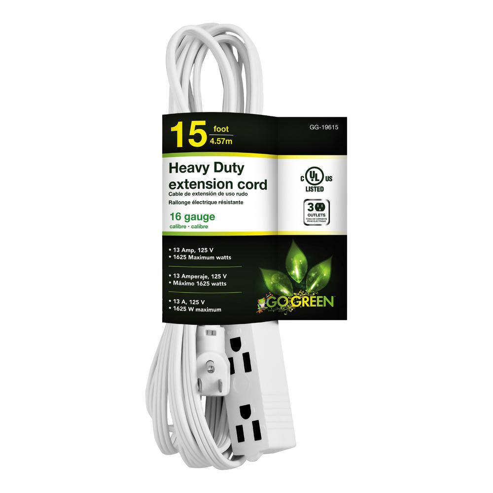 GoGreen Power 15 ft. 163 SPT-2 3 Outlet Extension Cord - White GG-19615