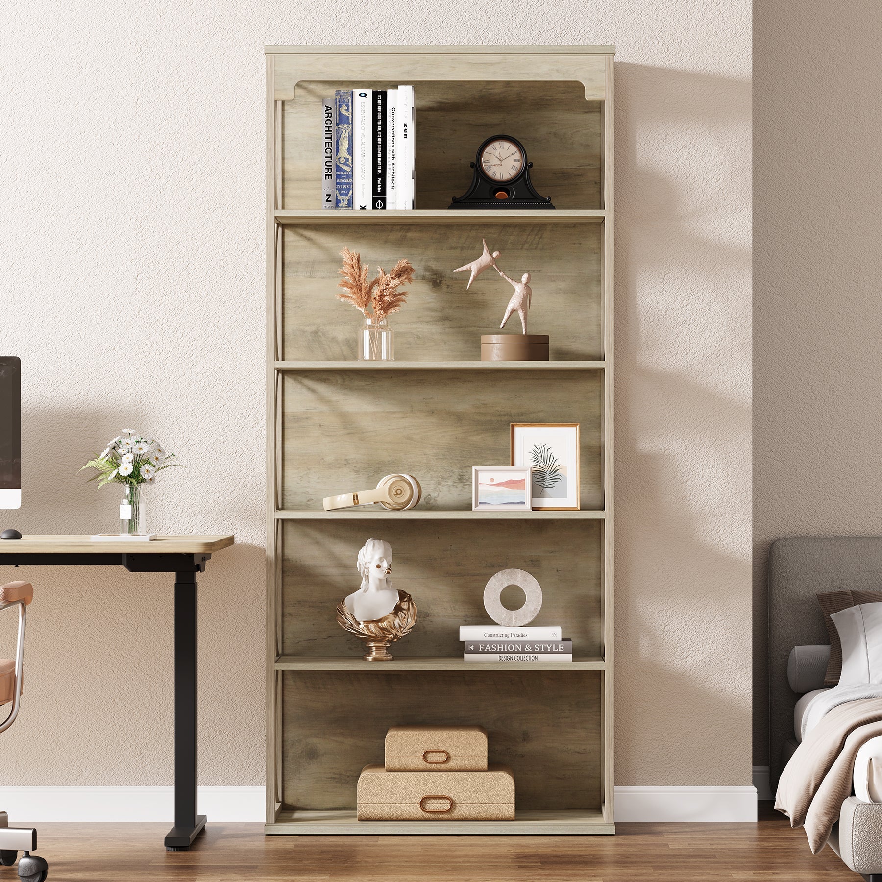 70.8 Bookshelf, 5-Tier Wood Bookcase Etagere Display Shelf