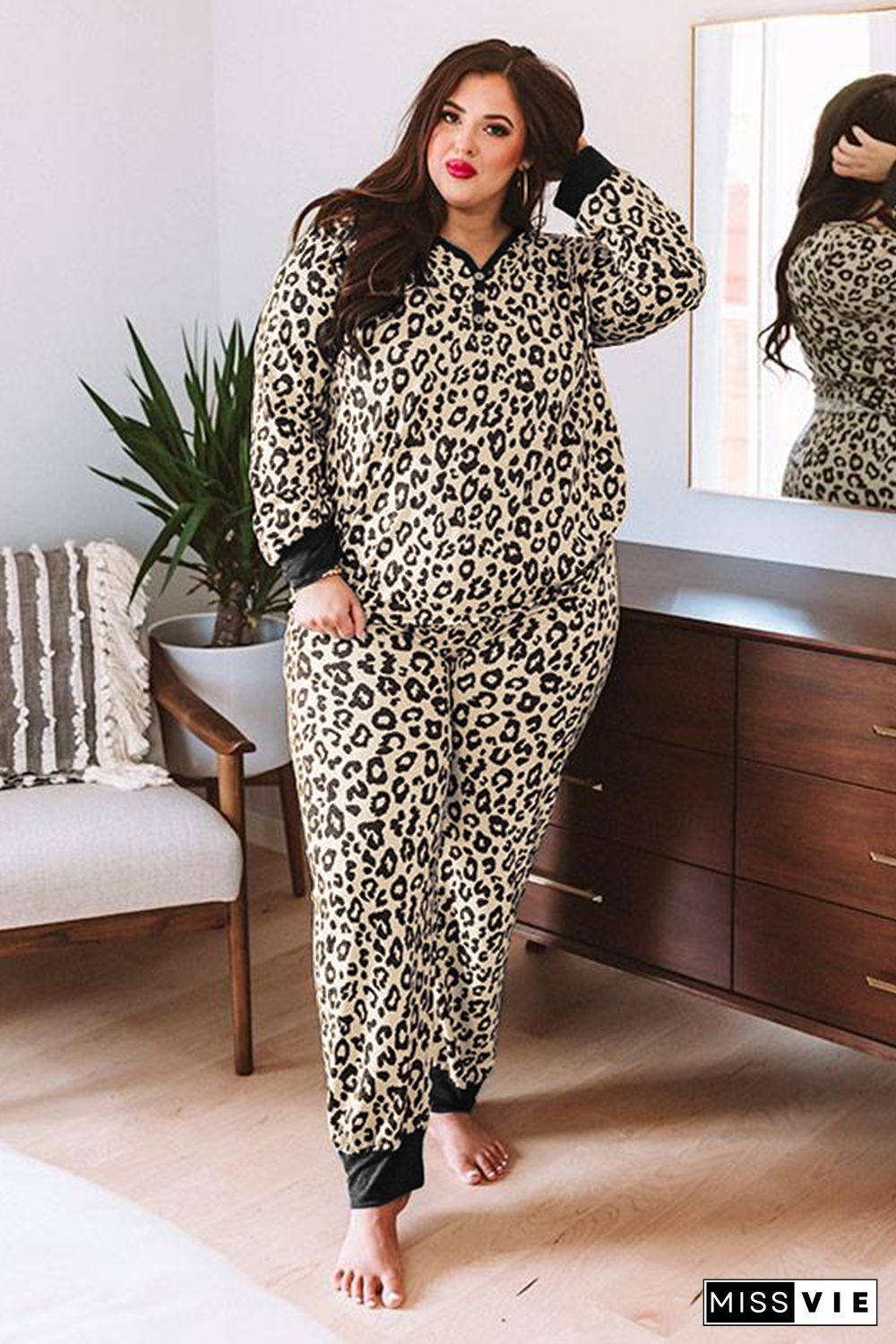 Leopard Plus Size V Neck Top And Sweatpants Lounge Set