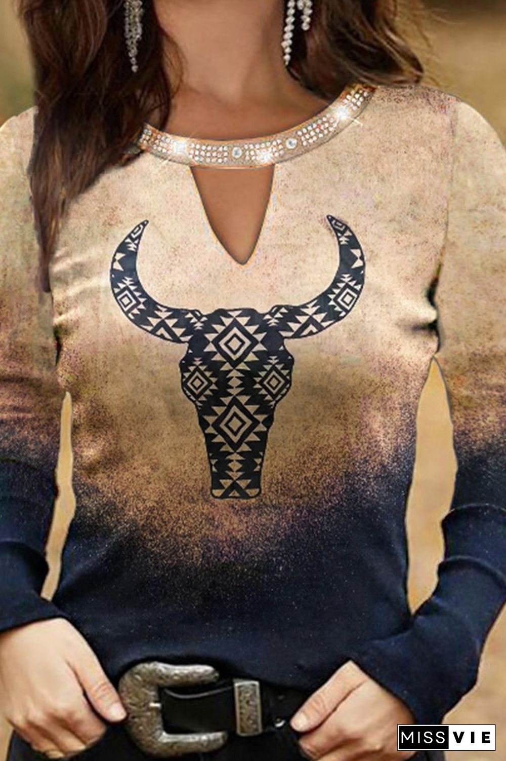 Graphic Print Rhinestone Decor Keyhole Neckline T-Shirt