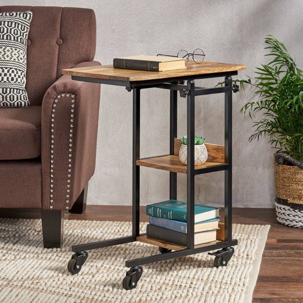 Amlin Modern Industrial Handcrafted Wooden Multi Purpose Adjustable Height C Shaped Side Table Natural black Christopher Knight Home