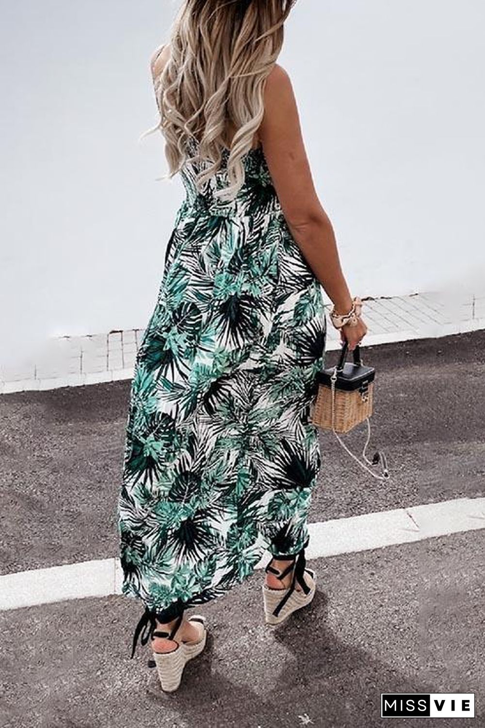 Summer Leaf Print Suspender Maxi Dress