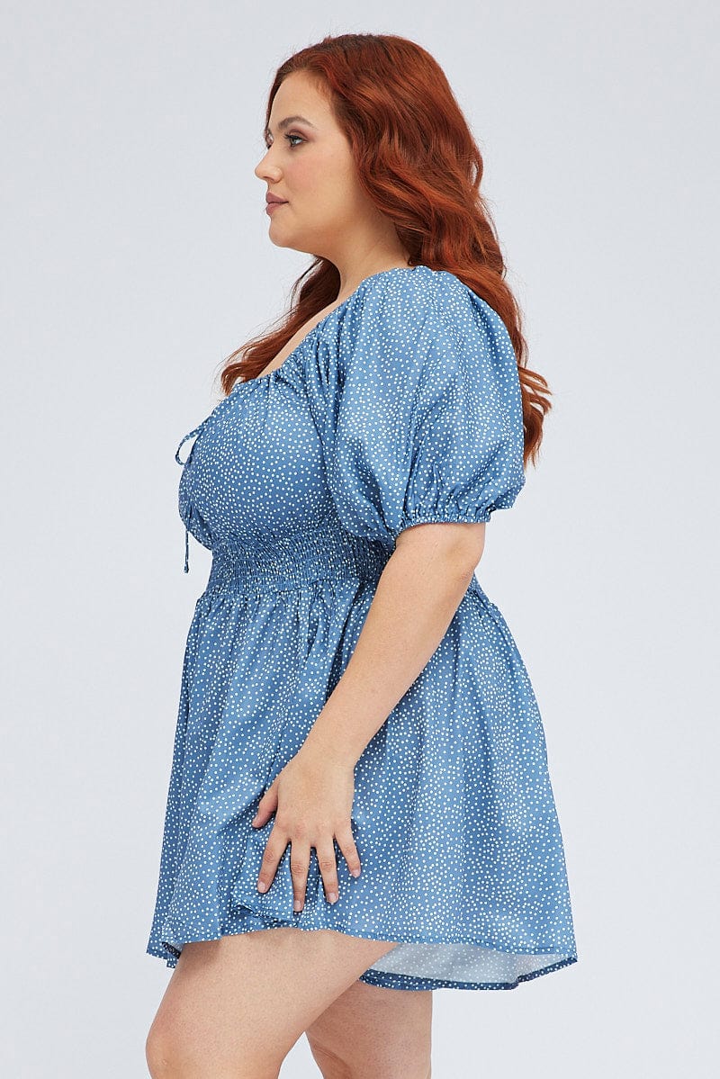 Polka Dot Playsuit Scoop Neck Puff Sleeve