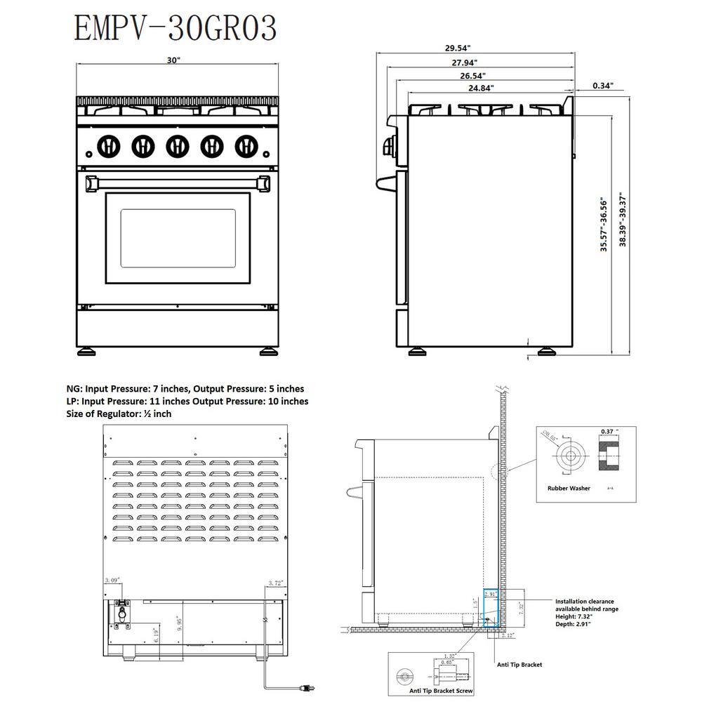 Empava Pro-Style Freestanding 30 in. 4.2 cu.ft. Single Oven Gas Range with 4 Sealed Burners in Stainless Steel EMP-30GR03