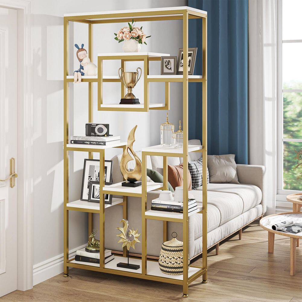 TRIBESIGNS WAY TO ORIGIN Frailey 71 in. Gold White Tall 11-Tier Large Open Display Bookshelf Geometric Cubed Bookcase Modern Storage Home Office HD-XK00191-WZZ