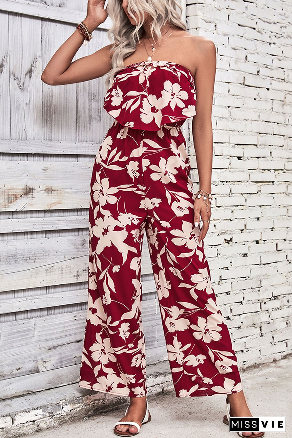 Strapless Ruffles Floral Jumpsuit