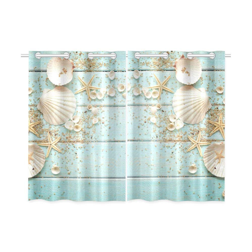 CADecor Beach Theme Window Kitchen Curtain， Seashell Starfish Window Treatment Panel Curtains，26x39 inches，Set of 2