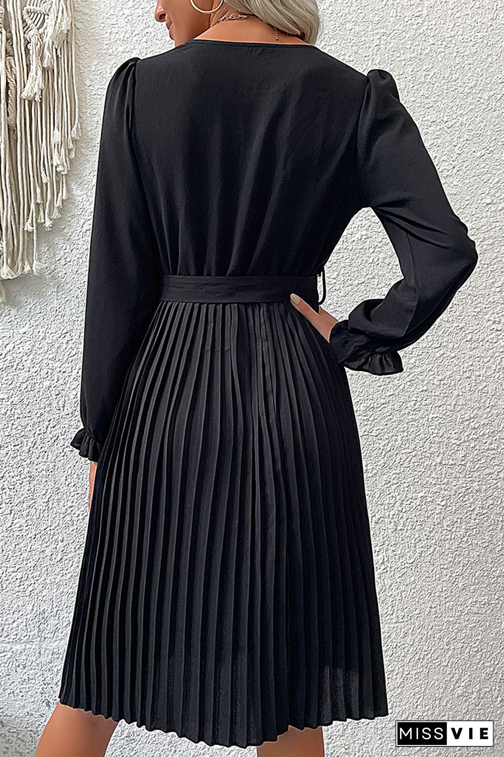 Black V Neck Button Down Pleated Midi Dress