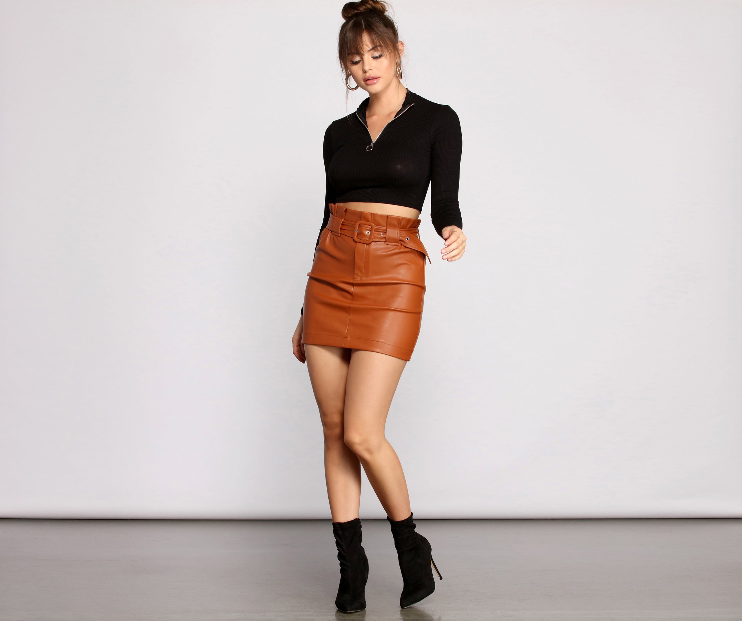 Belted Faux Leather Paper Bag Mini Skirt