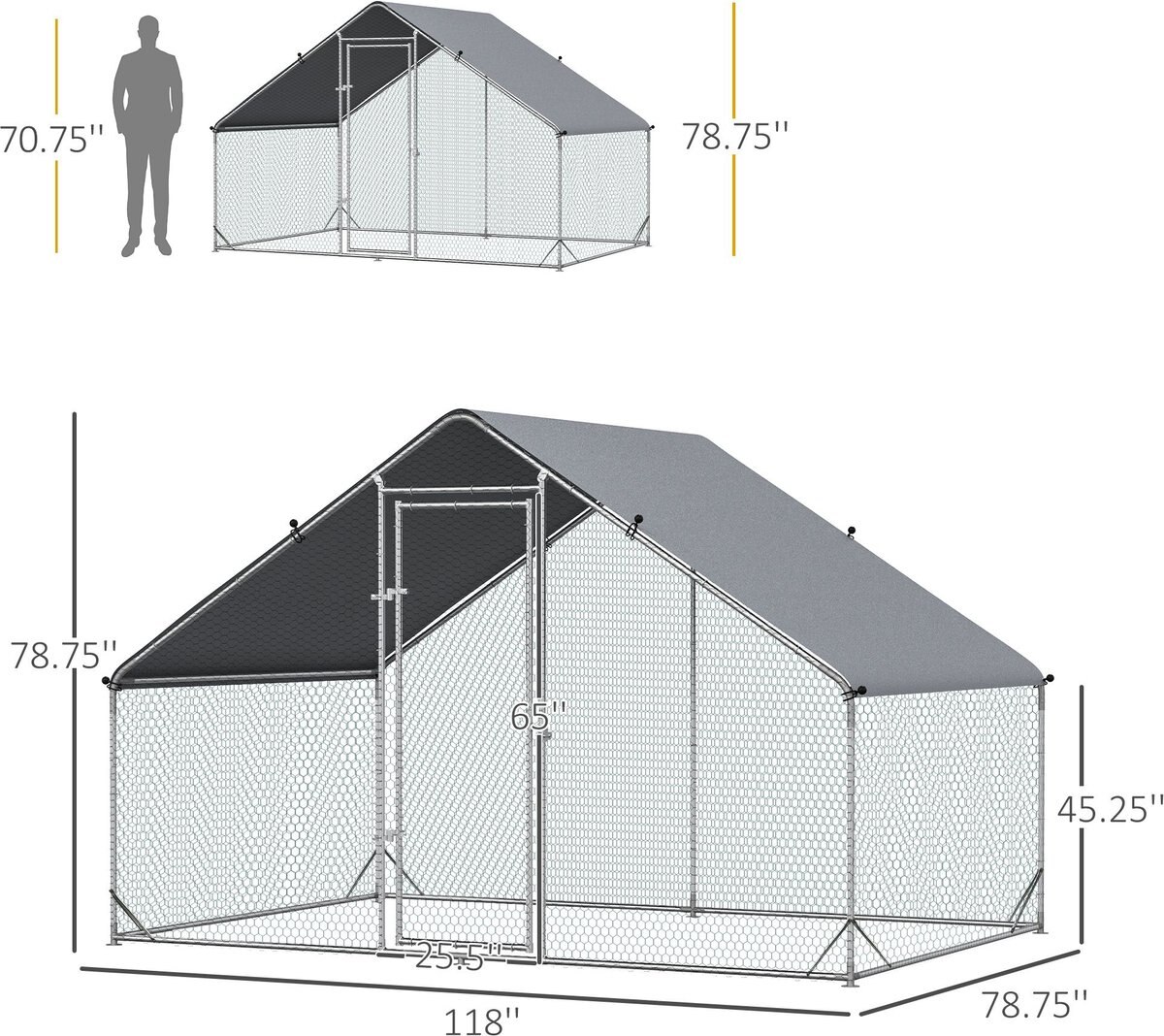 PawHut Walk-in Poultry Cage Galvanized Outdoor Metal Chicken Coop， Silver， Large