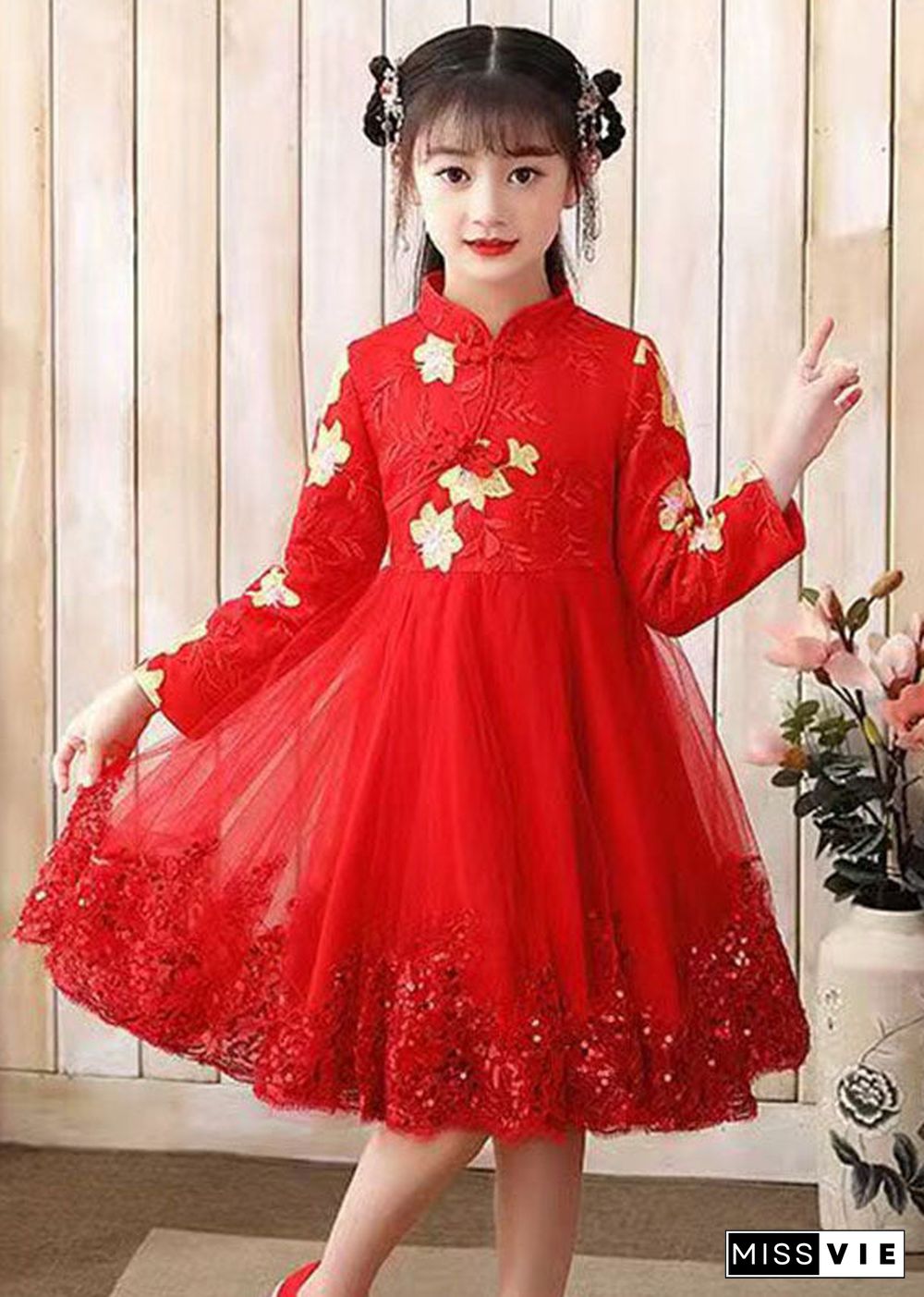 Red Stand Collar Sequins Tulle Kids Maxi Dress Long Sleeve