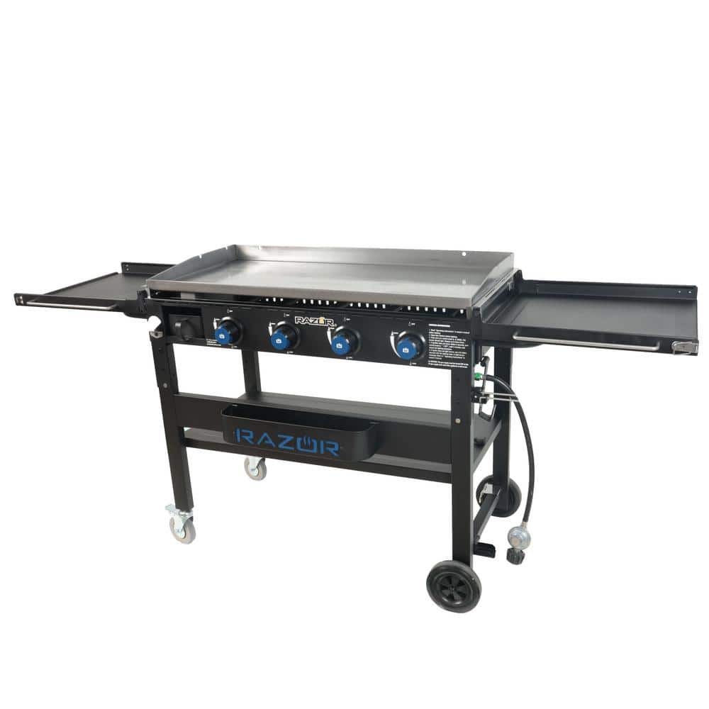 Razor 37 in. 4-Burner Propane Gas Griddle Grill with Foldable Shelves in Black with Condiment Tray and Wind Guards included GGC2241M-A