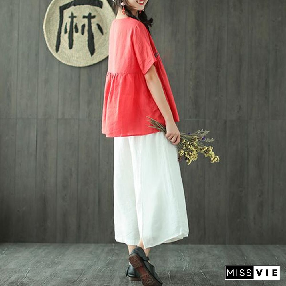 New linen blouse Loose fitting Loose Pleated Ramie Casual Women Pullover Blouse