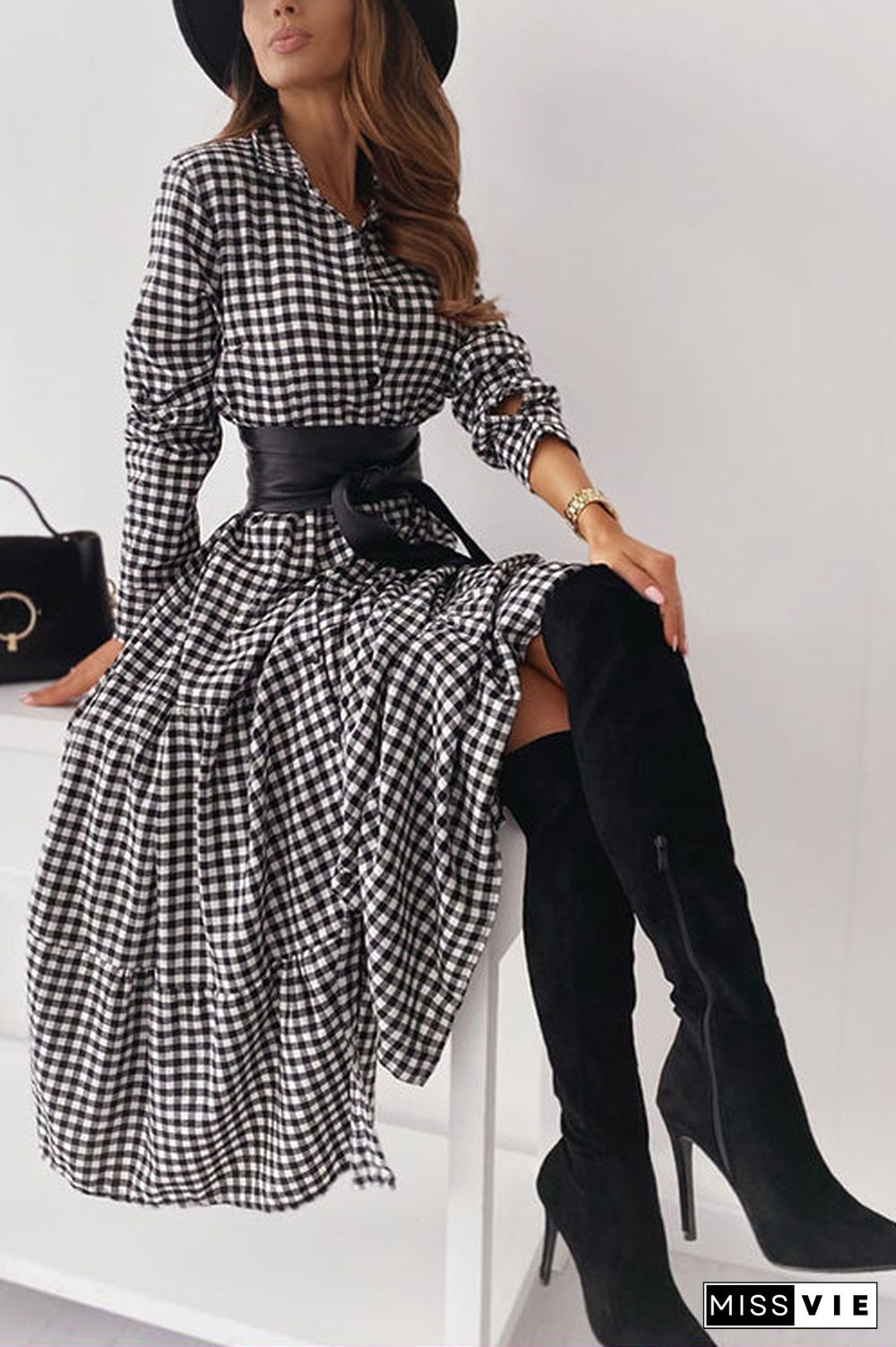 Pliad Button Ruffles Long Sleeve Maxi Dress