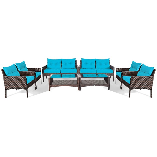 Costway 8pcs Patio Rattan Sectional Furniture Set Loveseat Sofa Coffee Table W turquoise Cushion