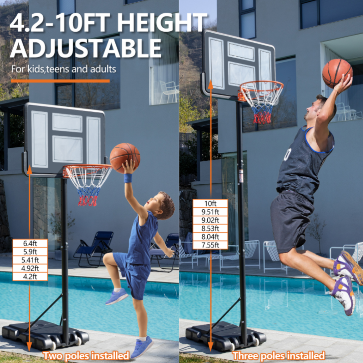 Outdoor Adjustable Basketball Stand, Portable Kids and Adult Basketball Stand, 4.2-10ft Height