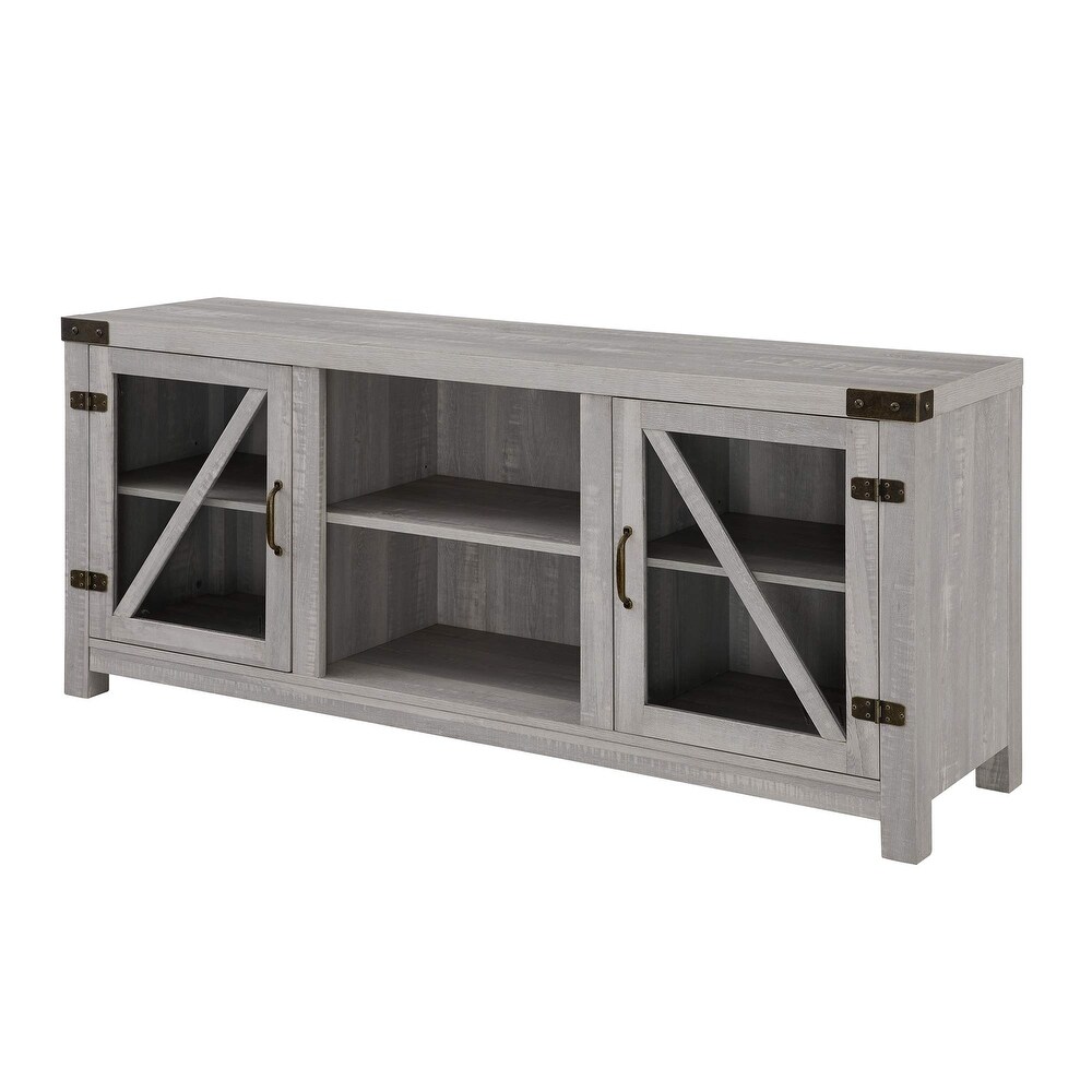 Modern Farmhouse Glass Door TV Stand for TVs up to 65 Inches  58 Inch  Stone Grey  Without Fireplace