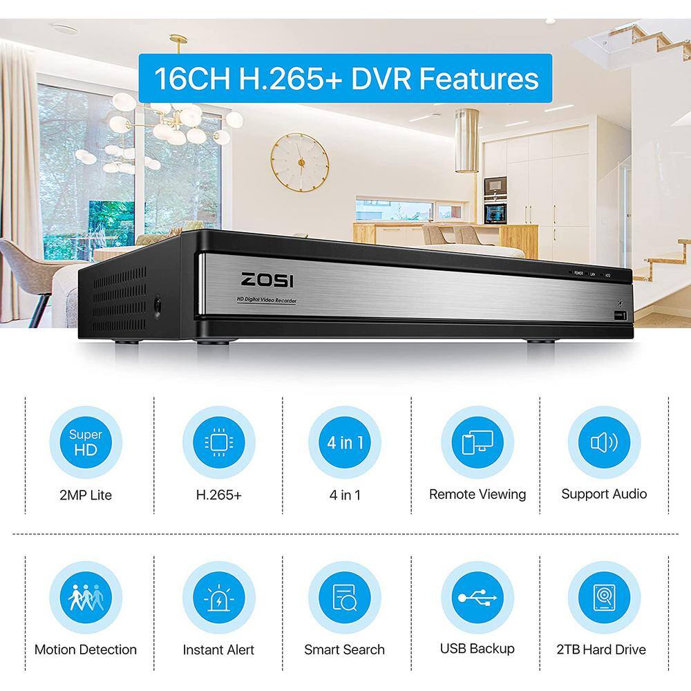 ZOSI H.265 Plus 16-Channel 1080p 2TB DVR Security Camera System with 8 Wired Dome Cameras 16CK-418W8S-20-US