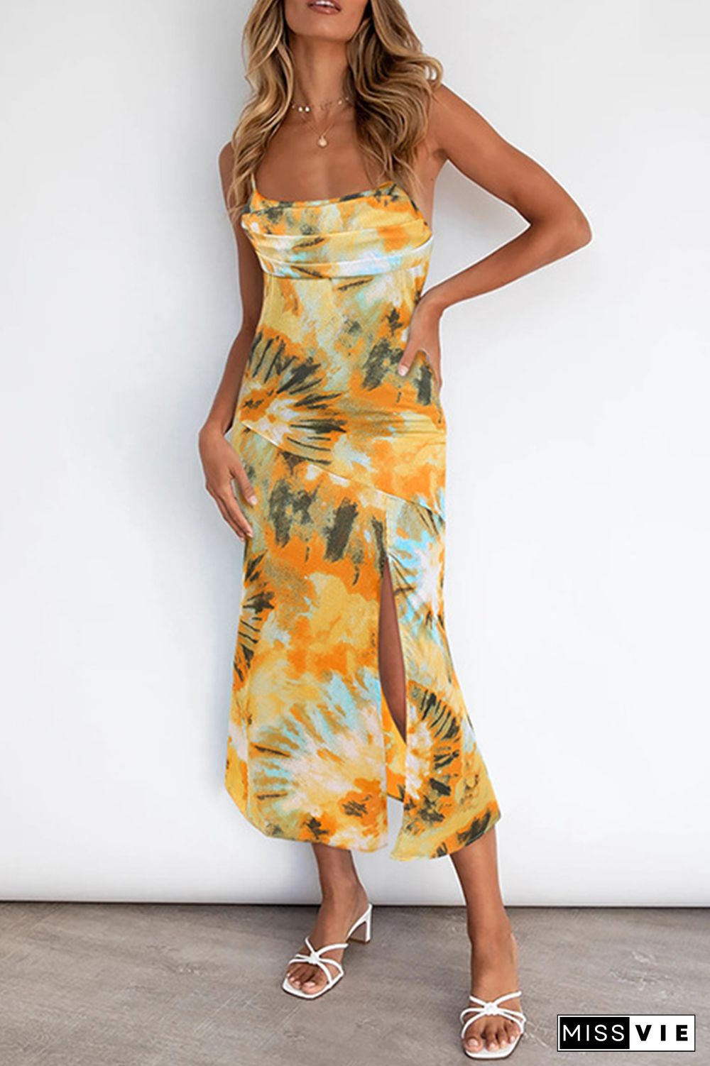 Elegant Print Split Joint Slit Strapless Sling Dress Dresses