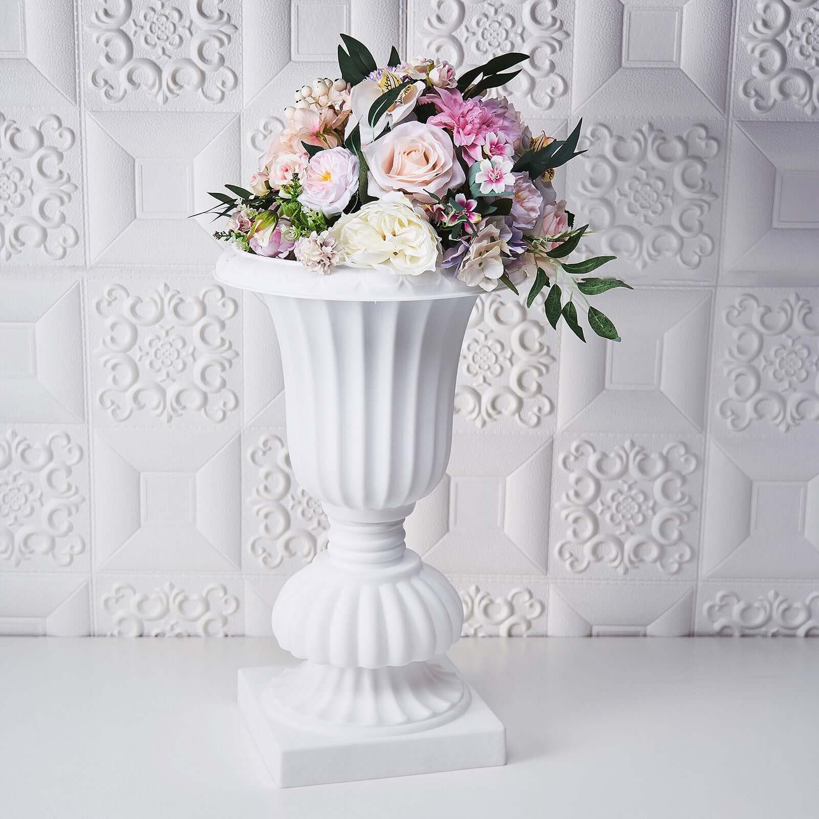 2 Pack White Urn Planter, Floral Pedestal Flower Pot Plant Stand - PVC 20