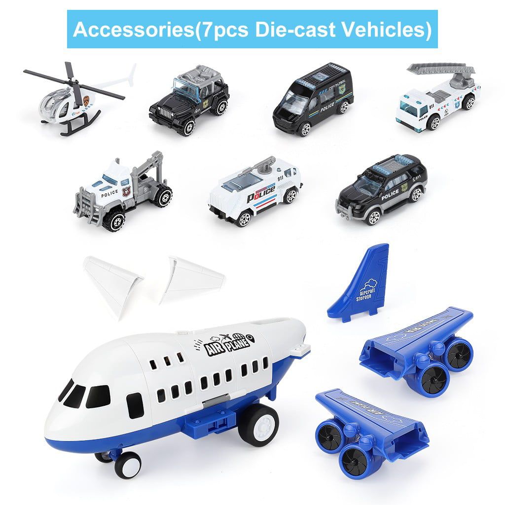 Airplane Toy Large Transport Cargo Plane STEM Toy Play Mat 7 Pieces Police Mini Toys Cars Helicopter for Kids Toddlers Child 2-6 Year Old Boys Gift