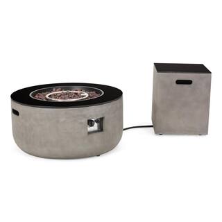 Noble House Adio 16 in. x 20 in. Round Concrete Propane Fire Pit in Light Grey with Tank Holder 70842