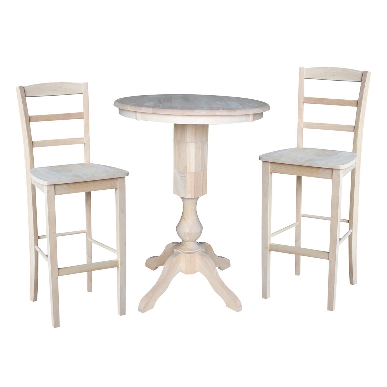 36 Round Top Pedestal Bar Height Table with 2 Madrid Stools - Unfinished - 3 Piece Set