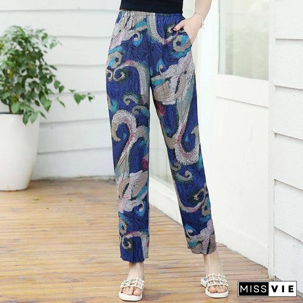 22 Colors Women Summer Casual Pencil Pants XL-5XL Plus Size High Waist Pants Printed Elastic Waist Middle Aged Women Pants